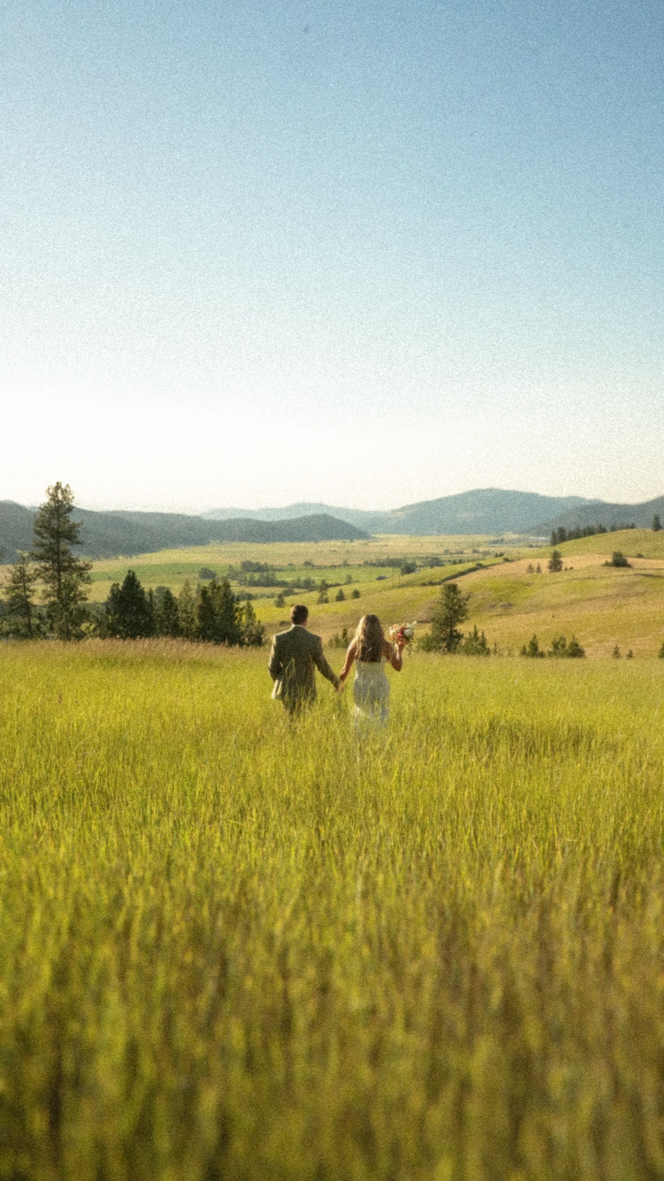 A couple walking hand in hand through a golden field